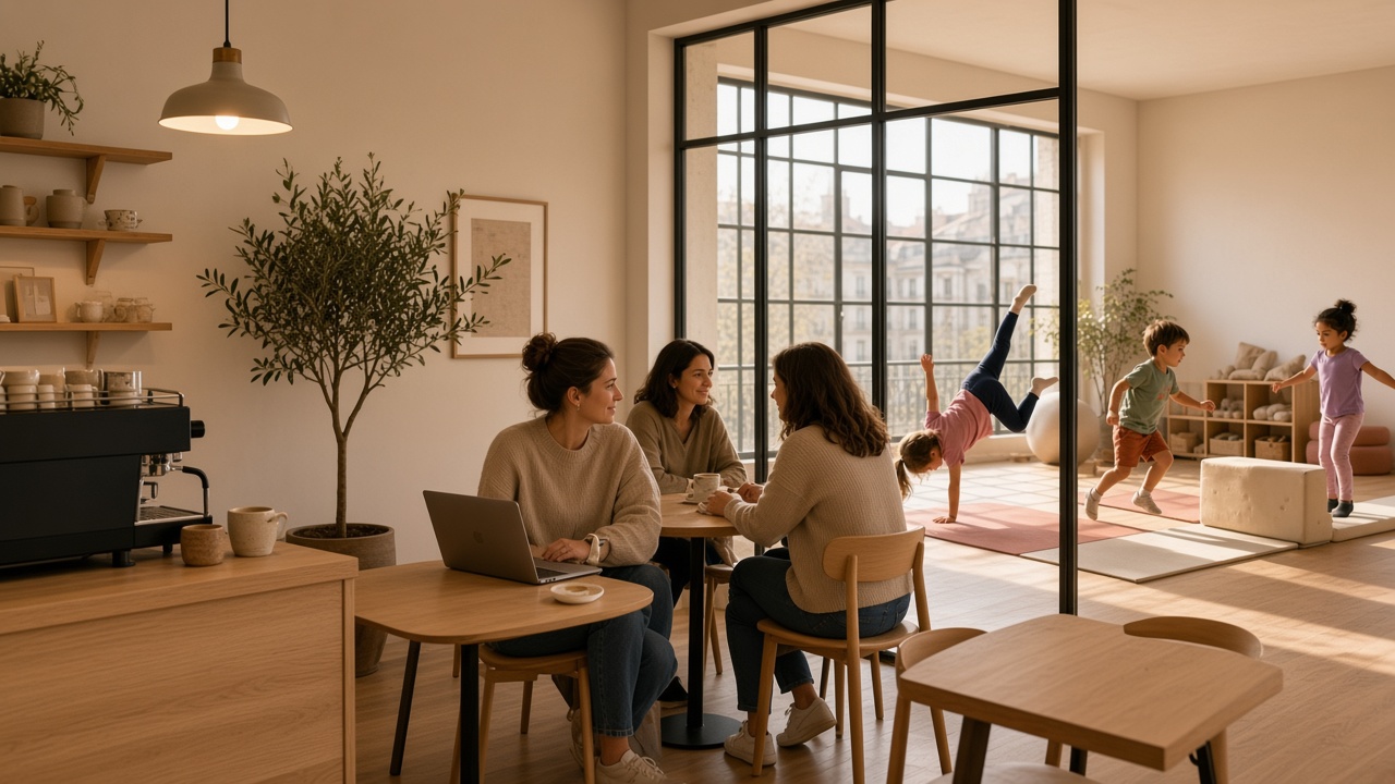 Kleines Café mit Glaswand zur Kinderhalle: eine Frau am Laptop, zwei Freundinnen beim Kaffee, Kinder beim Turnen dahinter